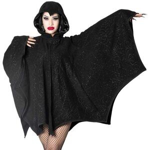 Black Spiderweb Embossed Hooded Cape Bat Wing Fleece NWT S-XL 2XL-4XL